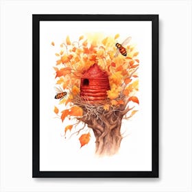 Red Mason Bee Beehive Watercolour Illustration 7 Art Print