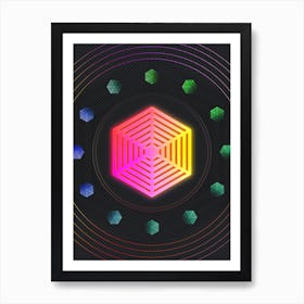 Neon Geometric Glyph Abstract in Pink and Yellow Circle Array on Black n.0203 Art Print