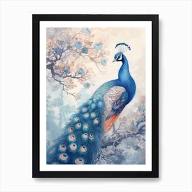 Watercolour Peacock With The Blue Blossom 2 Art Print