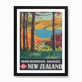 Marlborough Sounds New Zealand Vintage Travel Poster Poster