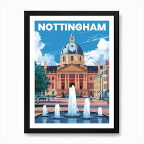 Anime Canvas Art: Nottingham Cityscape Featuring the Council House, Reflective Fountains, and Bright Blue Sky, Perfect for Lofi Aesthetic and Urban Decor Fans. Art Print