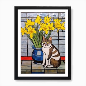 Daffodils With A Cat 1 De Stijl Style Mondrian Art Print