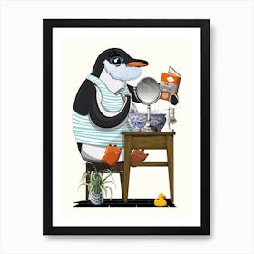 Penguin Shaving in the Bathroom Art Print