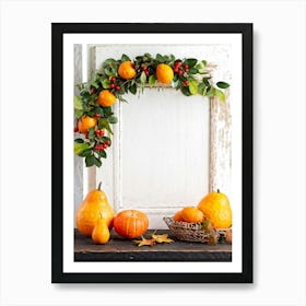 A Captivating Autumnal Scene Showcasing Ripe Oranges And Vibrant Pumpkins Resting On A Rustic Table (4) Art Print