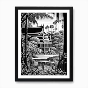 Suan Nong Nooch, 1, Thailand Linocut Black And White Vintage Art Print