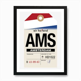 Amsterdam (AMS) The Netherlands Vintage Airline Luggage Tag Art Print