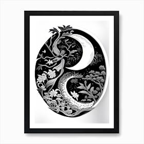 Black And White Yin and Yang 2 Linocut Art Print