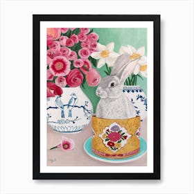 Rabbit With Roses And Daffodils In Chinoiserie Vase Art Print