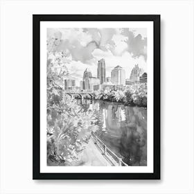 Red River Cultural District Austin Texas Black And White Watercolour 3 Art Print