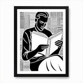 Reading A Book Linocut Black And White Painting, 324 Art Print