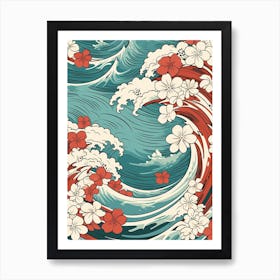 Great Wave With Plumeria Flower Drawing In The Style Of Ukiyo E 2 Art Print
