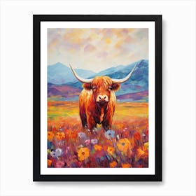 Highland Cow Impressionism Inspired Painting With Colourful Flowers  Art Print