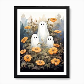 Cute Bedsheet Ghost, Botanical Halloween Watercolour 130 Art Print