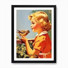 Vintage Retro Kids With Bird Illustration Kitsch 6 Art Print