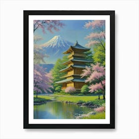 Pagoda Of Fuji Cherry Blossoms Mount Fuji Japan Art Print