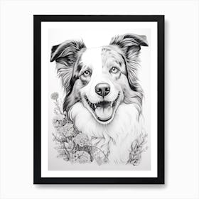 Border Collie Dog, Line Drawing 4 Art Print