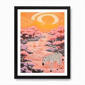 Linocut Pink & Red Inspired Zebra 2 Art Print