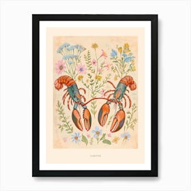 Folksy Floral Animal Drawing Lobster 2 Poster Art Print