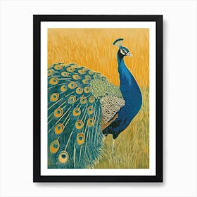 Blue Mustard Peacock In The Grass Linocut Inspired 4 Art Print