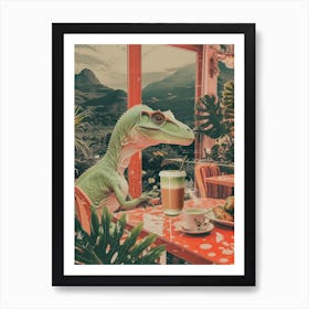 Dinosaur Drinking A Matcha Latte Retro Abstract Collage 1 Art Print