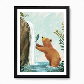 Brown Bear Catching Fish In A Waterfall Storybook Illustration 1 Art Print