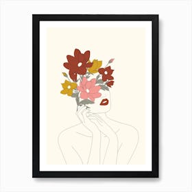 Colorful Thoughts Minimal Line Art Woman With Magnolia Art Print