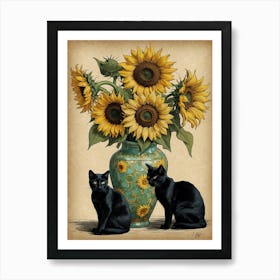 Black Cats With Sunflowers Art Print