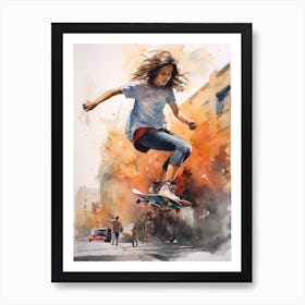 Girl Skateboarding In Santiago, Chile Watercolour 1 Art Print