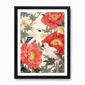 Peony And Birds Vintage Japanese Botanical Art Print