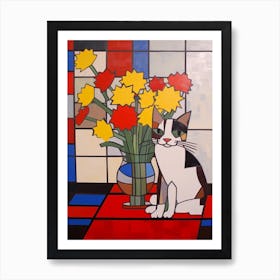 Daisies With A Cat 1 De Stijl Style Mondrian Art Print