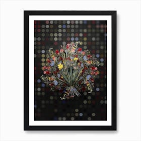 Vintage Yellow Eyed Grass Flower Wreath on Dot Bokeh Pattern n.0830 Art Print