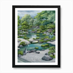 Japanese Garden - peaceful depiction of a zen garden with a tranquil pond and flowing water features 1 Art Print