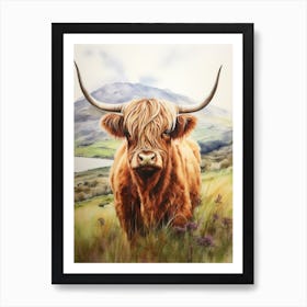 Watercolour Mountain Highland Cow 1 Art Print