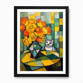 Daffodils With A Cat 1 Cubism Picasso Style Art Print