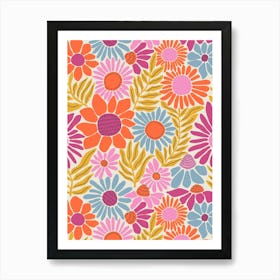 Abstract Flower Garden Flowy Bright Multicolor Florals on White Art Print