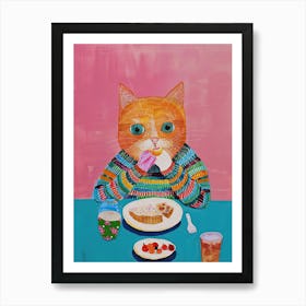 Happy Orange Cat Having Breakfast Folk Illustration 1 Art Print