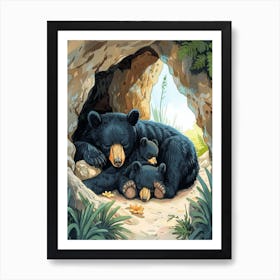 American Black Bear Family Sleeping In A Cave Storybook Illustration 4 Art Print