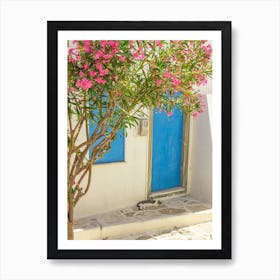 Pink Oleander And Blue Door In Paros 1 Art Print