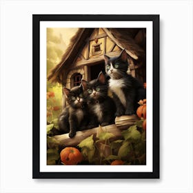 Cute Cats With A Medieval Cottage In The Background 8 Art Print