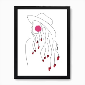 Minimalistic Girl With A Hat And Hearts Art Print