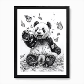 Giant Panda Cub Playing With Butterflies Ink Illustration 2 Art Print