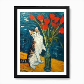 Still Life Of Gladoli With A Cat 2 Art Print