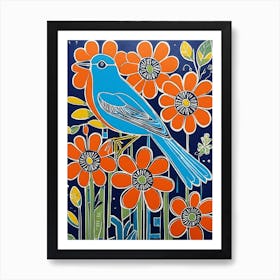 Blue Bird In Orange Flowers Art Print