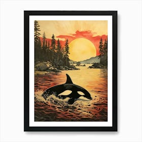 Orca Whale Swiming With Sunset Red Art Print