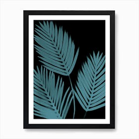 Black teal palm leaves 1 Art Print