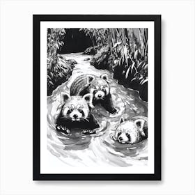 Red Panda Family Swimming Ink Illustration A River Ink Illustration 2 Art Print