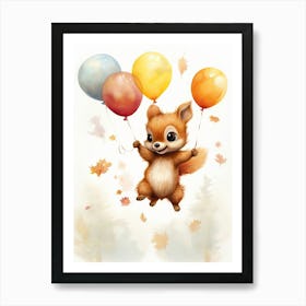 Squirrel Flying With Autumn Fall Pumpkins And Balloons Watercolour Nursery 4 Art Print