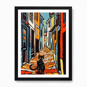 Painting Of Lisbon Portugal With A Cat In The Style Of Pop Art 2 Art Print