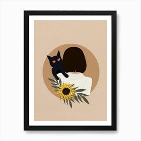 Minimal art illustration Black Cat And Sunflower Art Print