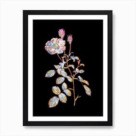 Stained Glass Vintage Sparkling Rose Mosaic Botanical Illustration on Black n.0315 Art Print